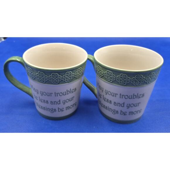 Two Celtic Knot Irish Blessing Stoneware Mugs Green Cream 15oz Capacity - Picture 1 of 12